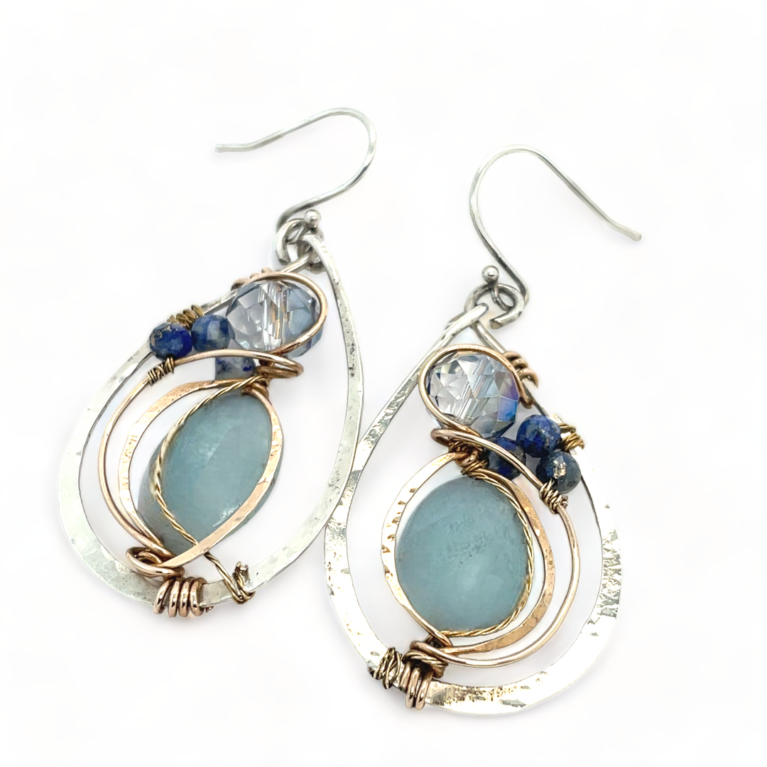 Amazonite Kyanite and Crystal Water Drop Earrings