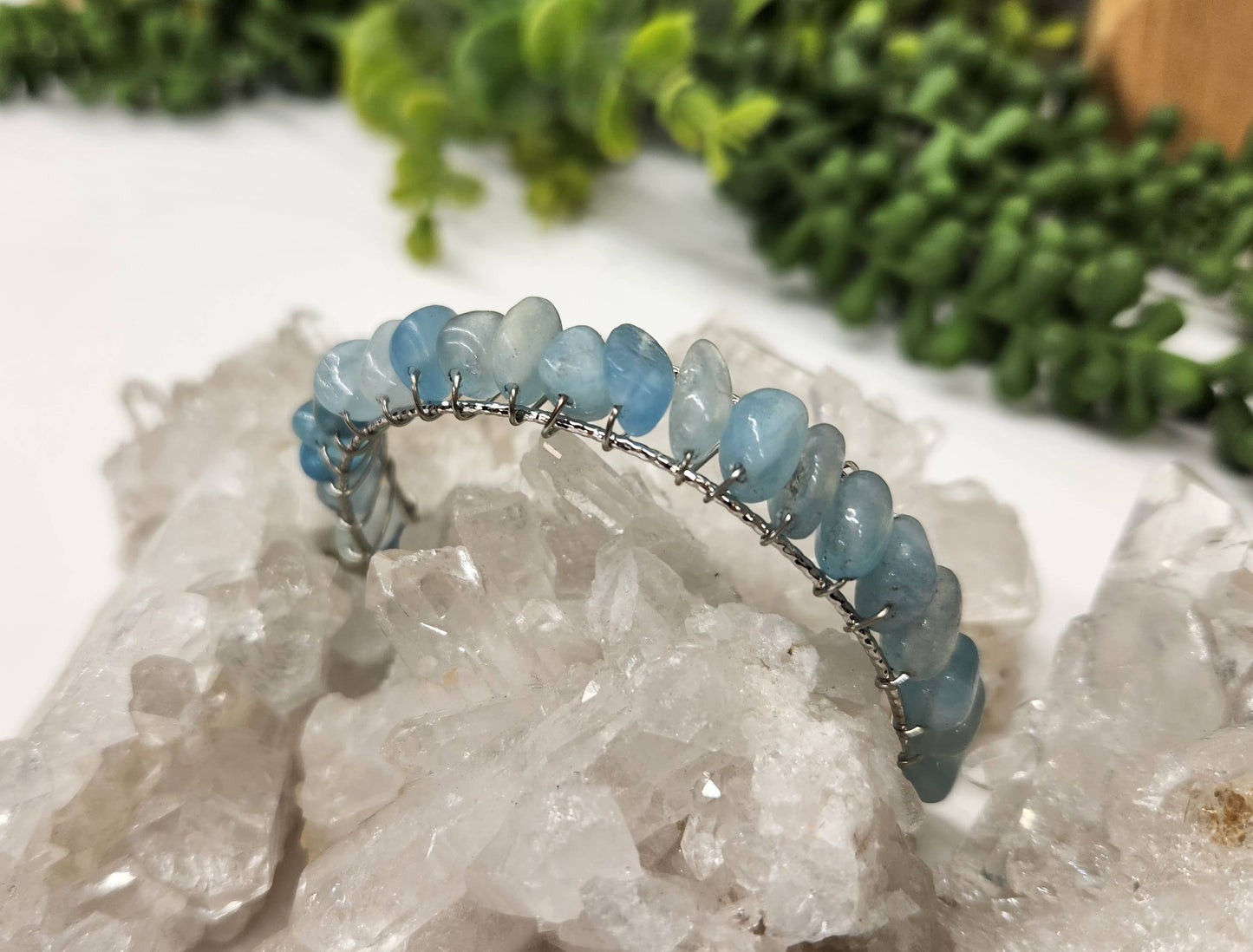 Aquamarine Wire Wrapped Bangle Cuff with 18 Karat Gold Overlay