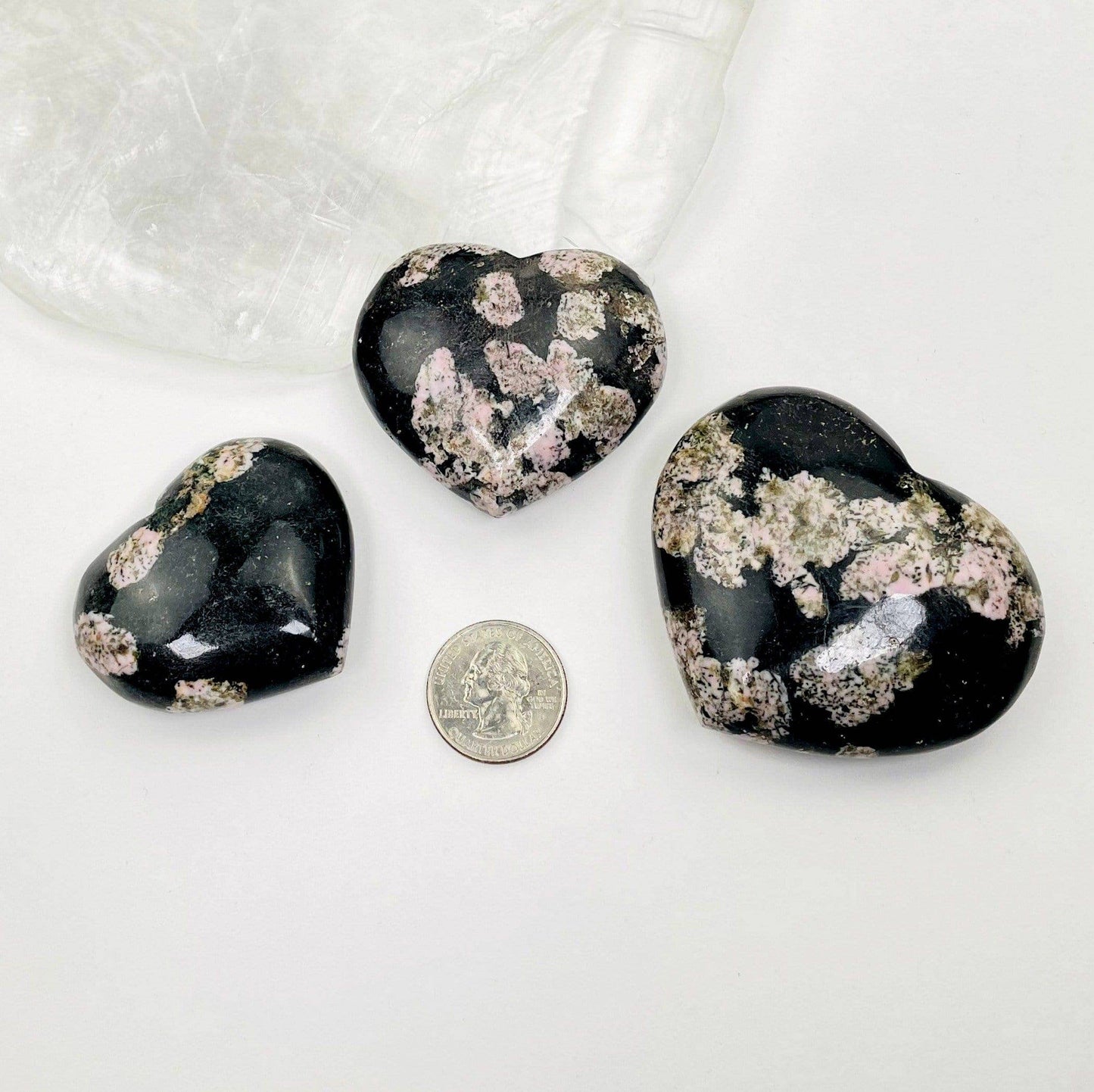 Polished Black Jade with Pink Thulite Crystal Heart