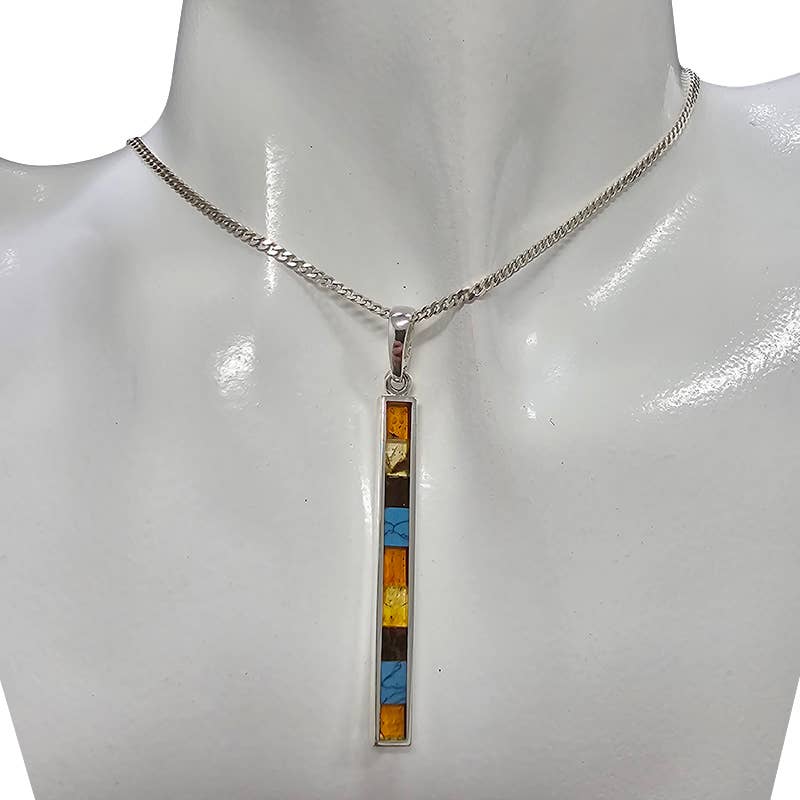 Multi-Color Mosaic Amber and Turquoise Silver Pendant