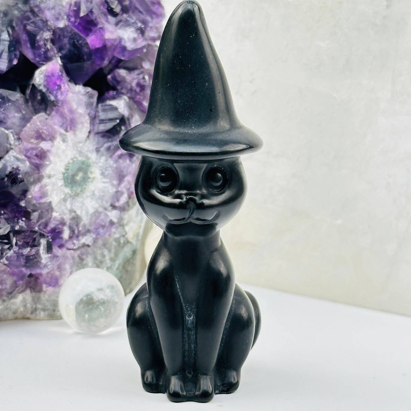 Black Onyx Crystal Cat with Hat - Halloween Decor
