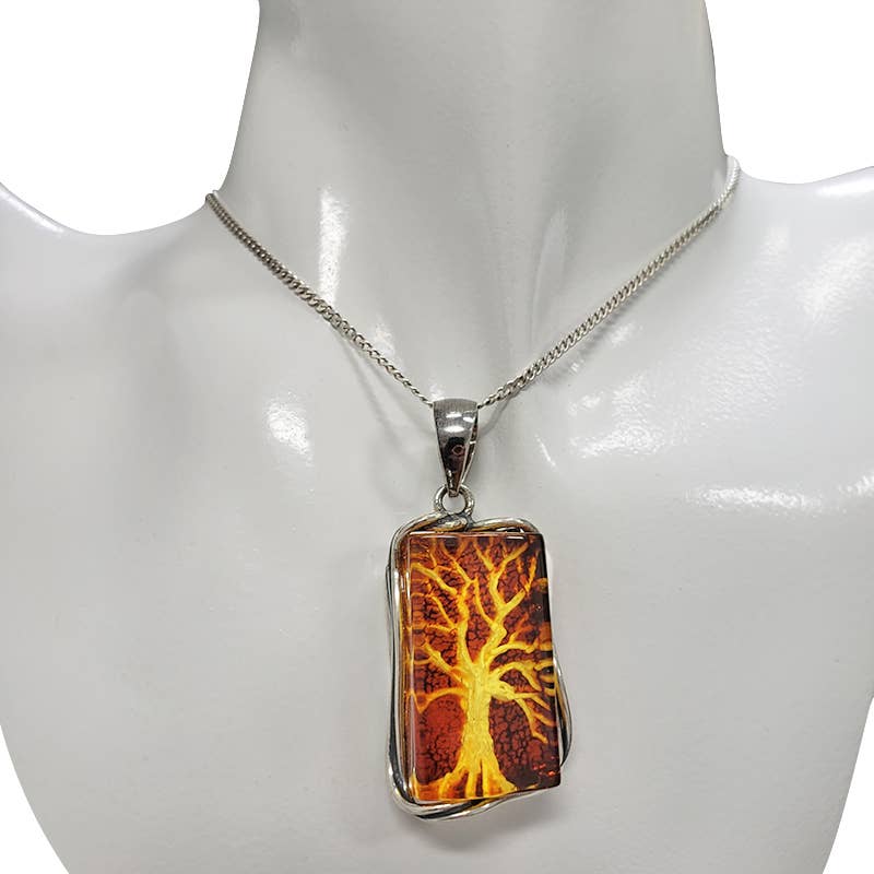 Tree Cameo Amber Sterling Silver Pendant