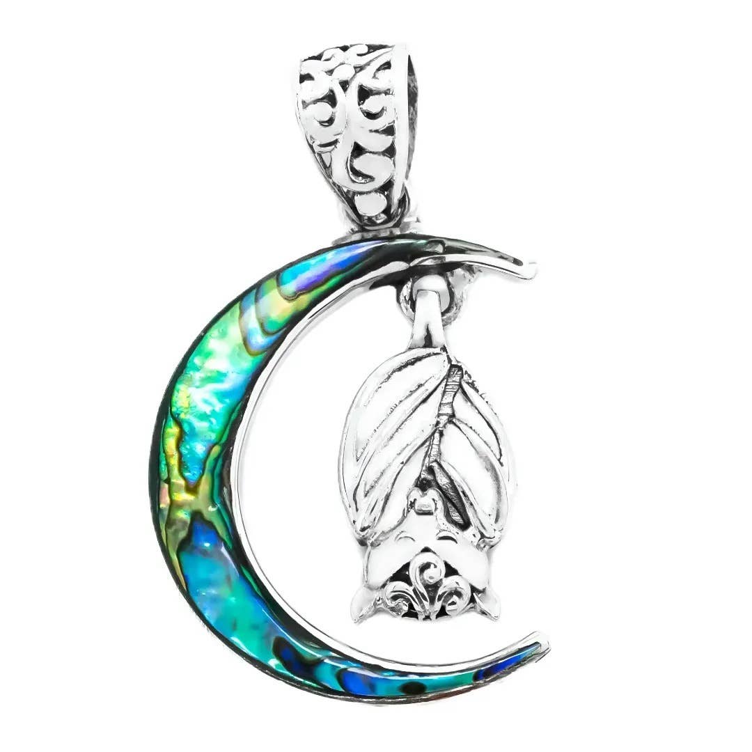 Abalone Shell with Sterling Silver Bat And Moon Pendant