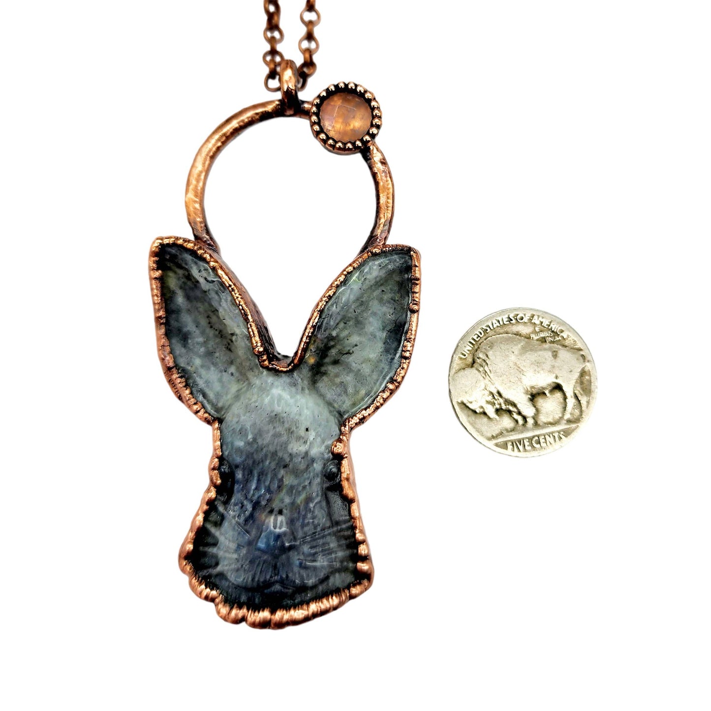 Rabbit Totem Copper Wrapped Green Fire Labradorite Necklace