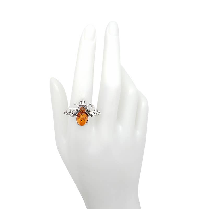 Cognac Amber Sterling Silver Bee Adjustable Ring