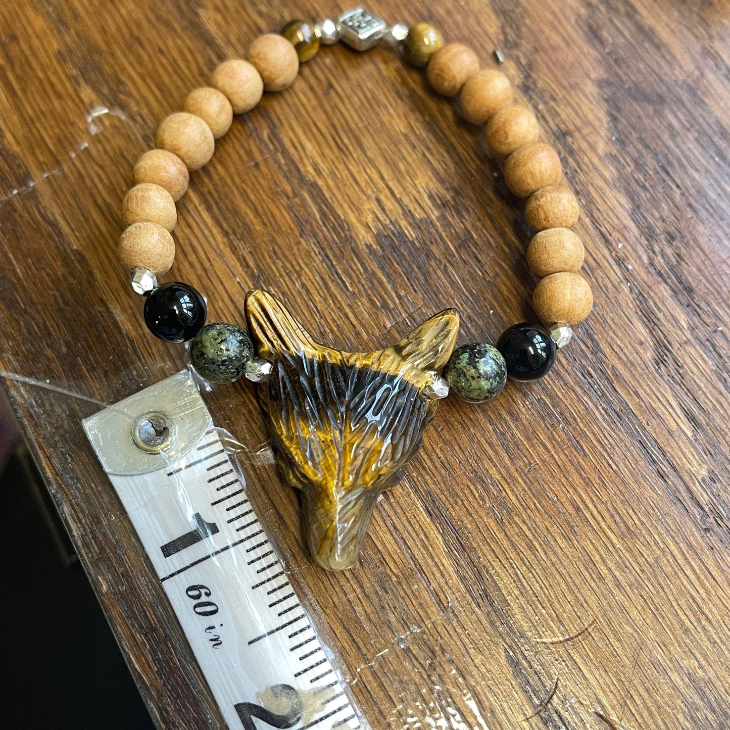 Tiger Eye Wolf Spirit Animal Woven Gemstone Bracelet with Sandalwood