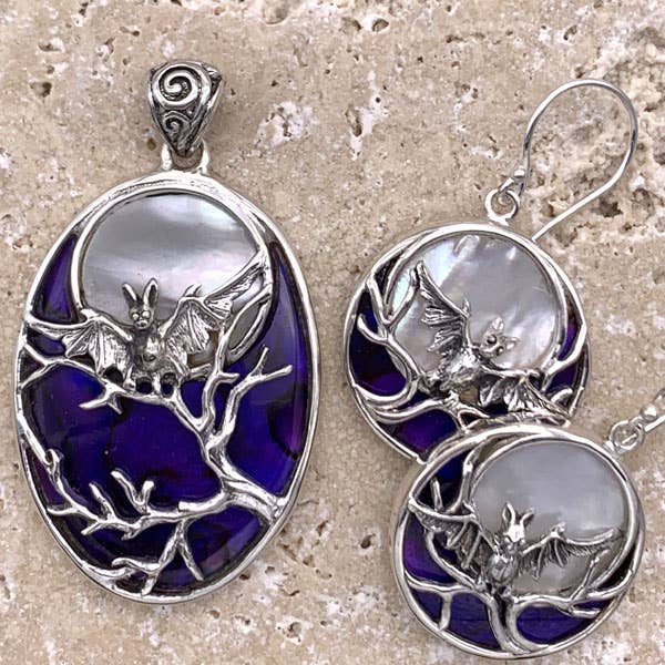 Bat in Shell Full Moon Pendant Sterling Silver