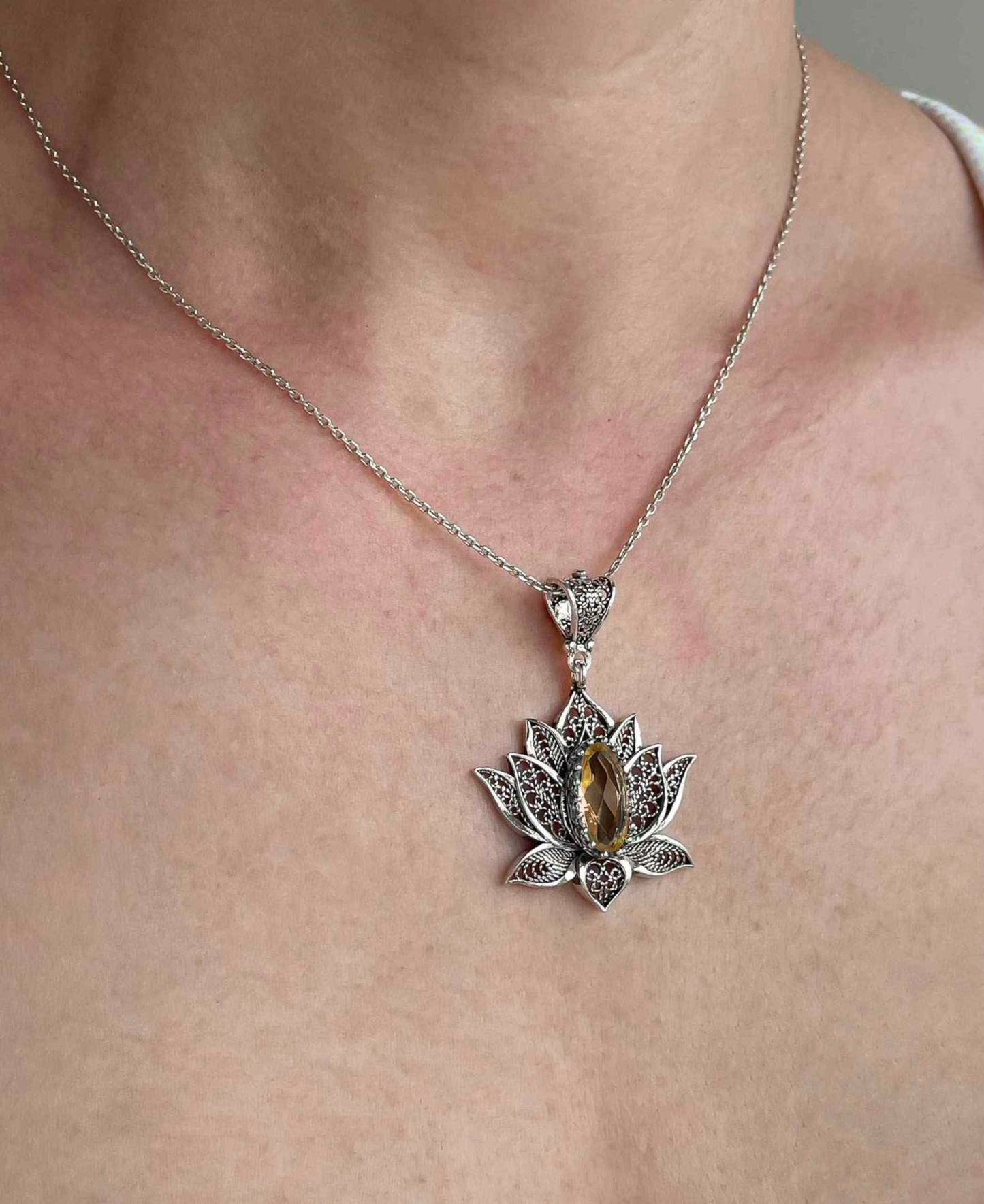 Citrine Filigree Lotus Sterling Silver Pendant with Necklace