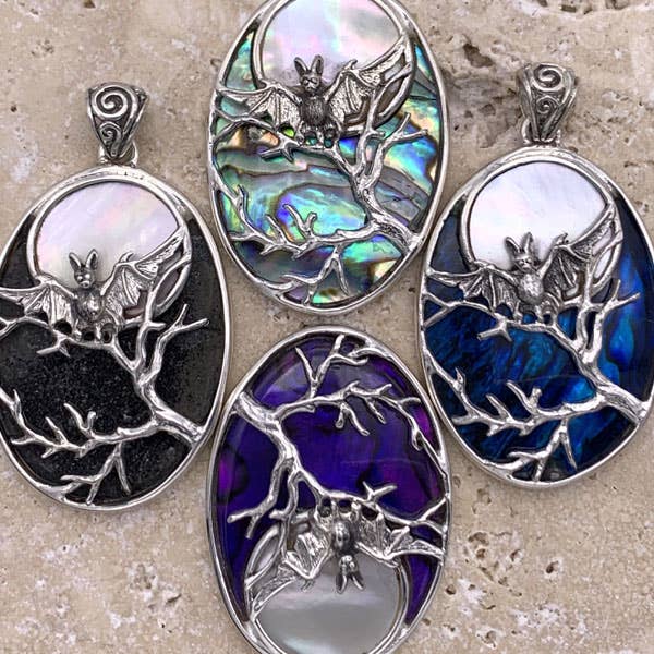 Bat in Shell Full Moon Pendant Sterling Silver
