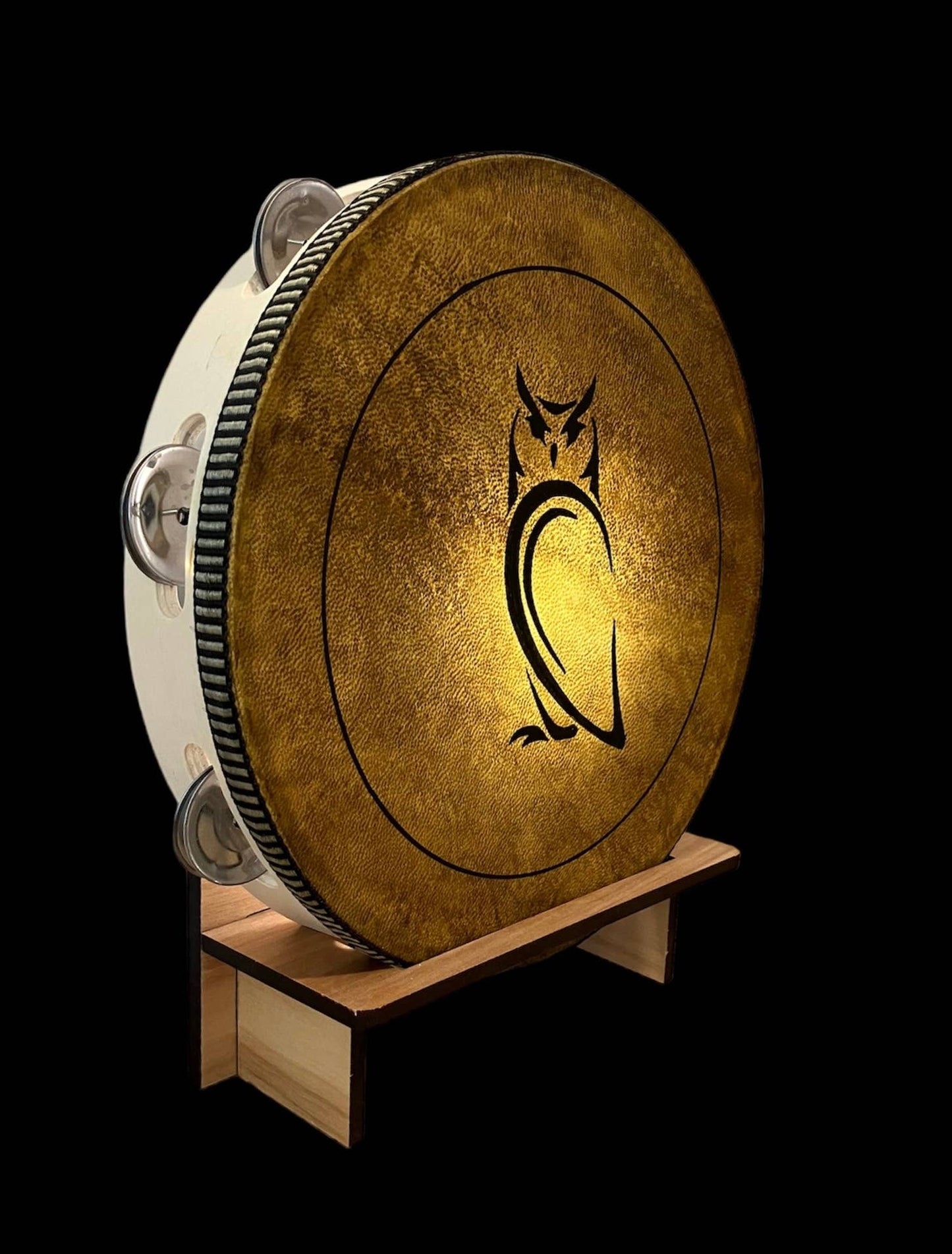 10" Owl Goat Hide Tambourine with Illuminated Display Stand