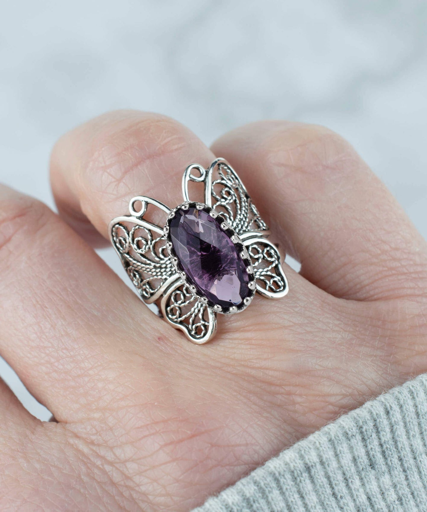 Amethyst Filigree Butterfly Sterling Silver Ring | Size 6