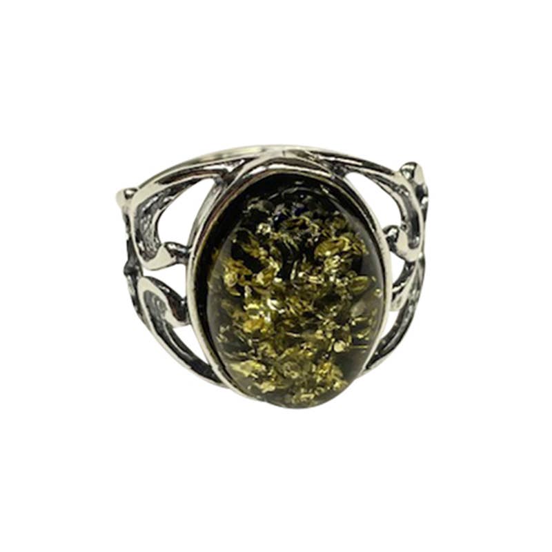 Green Amber Sterling Silver Ring (Size 5)