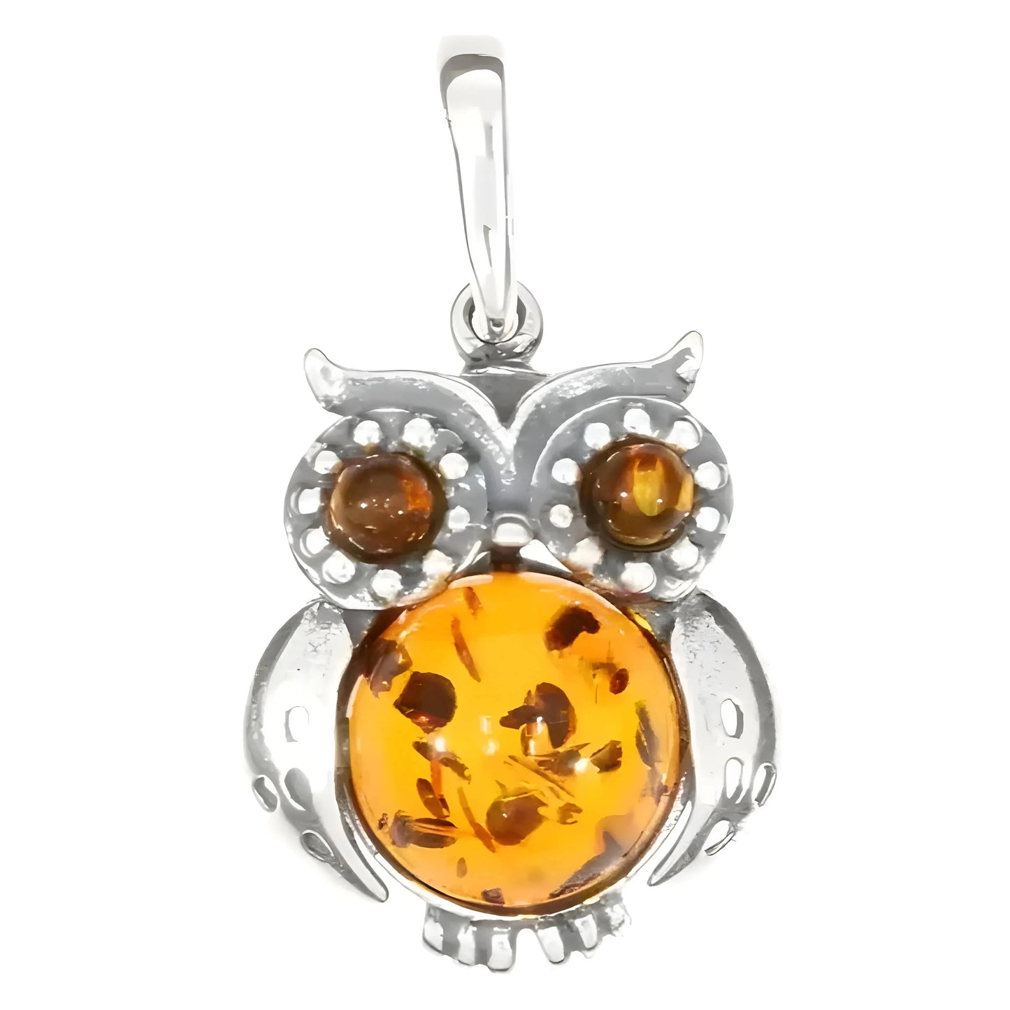Cognac Amber Owl Pendant in Sterling Silver