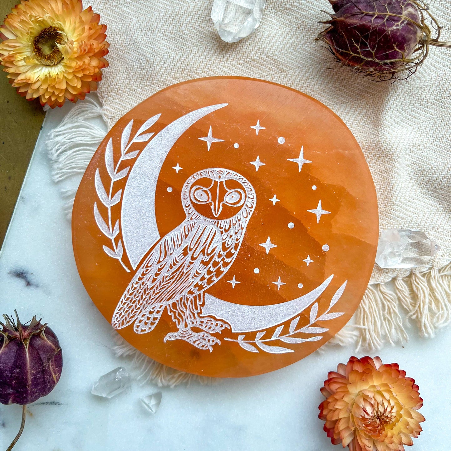 Owl Moon Peach Selenite Charging Plate | Halloween