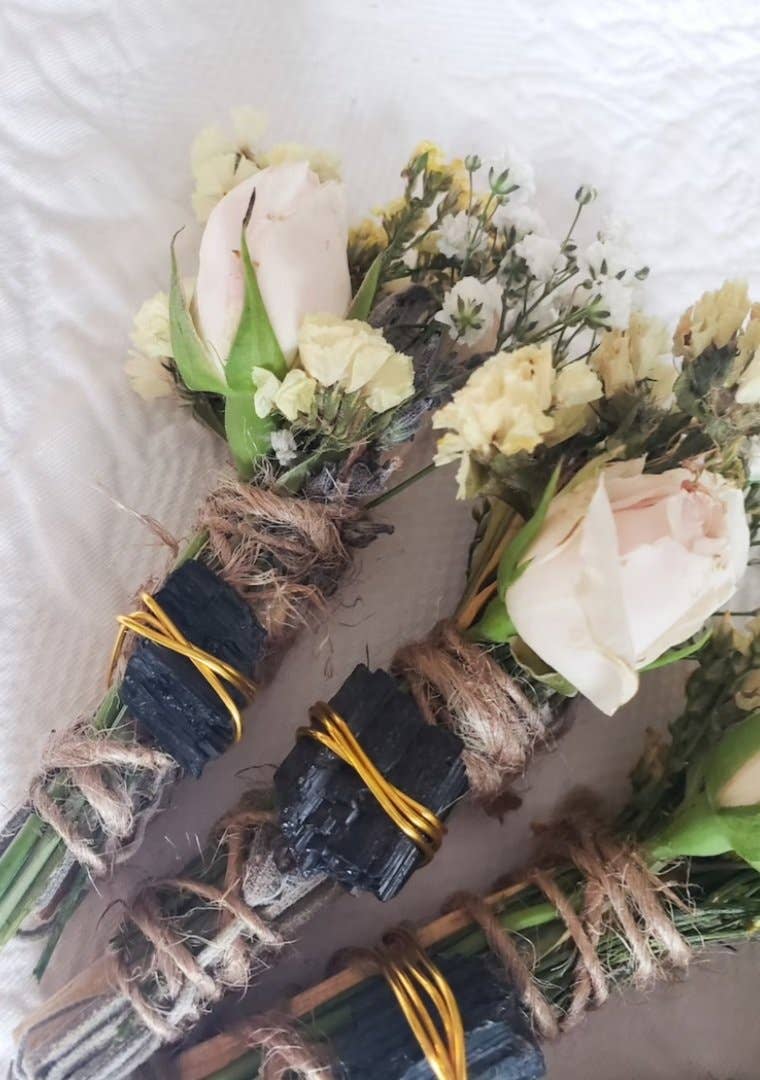 Black Tourmaline, Palo Santo, Rose and Wild Flower Smudge Stick With Crystal