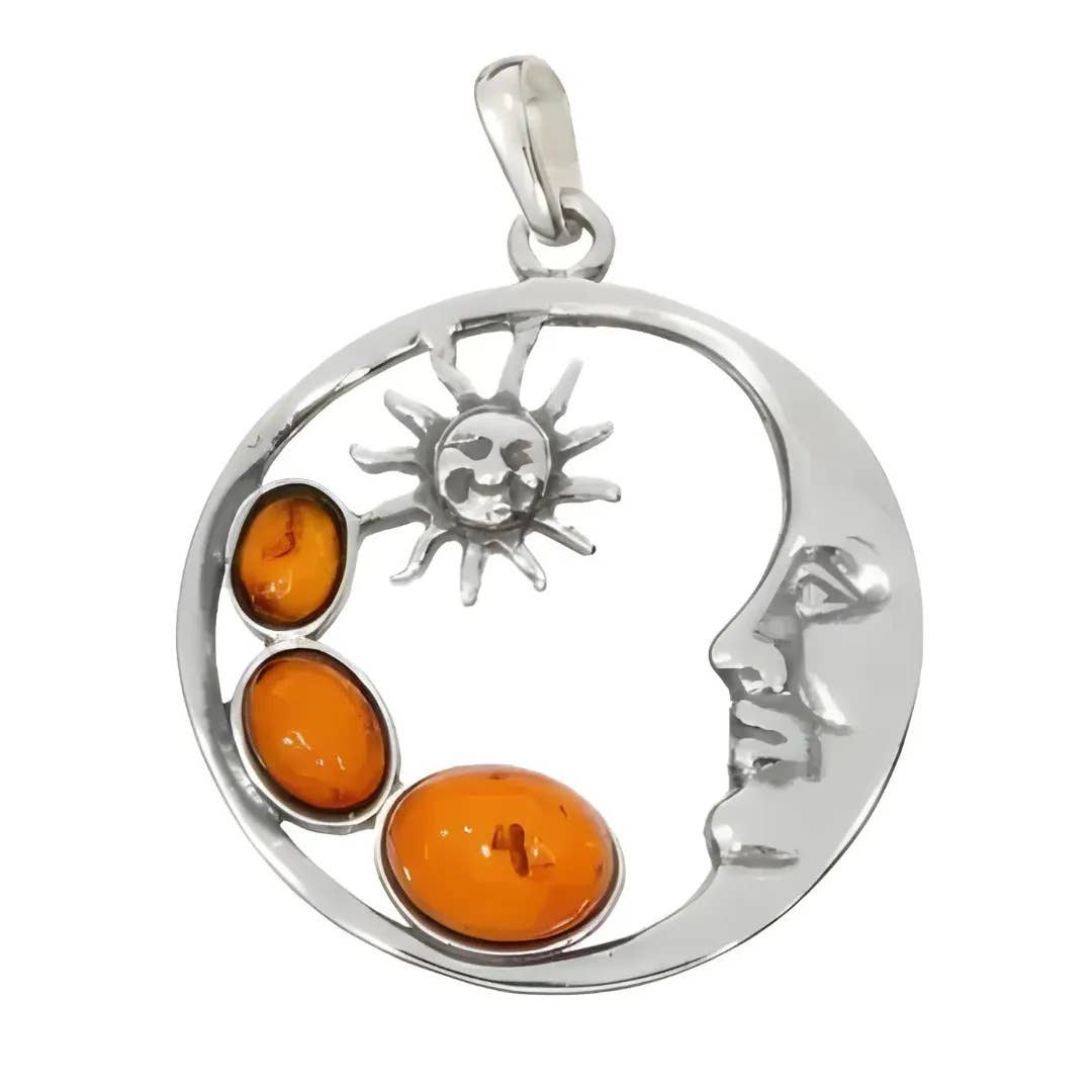 Cognac Amber Sterling Silver Moon and Sun Pendant