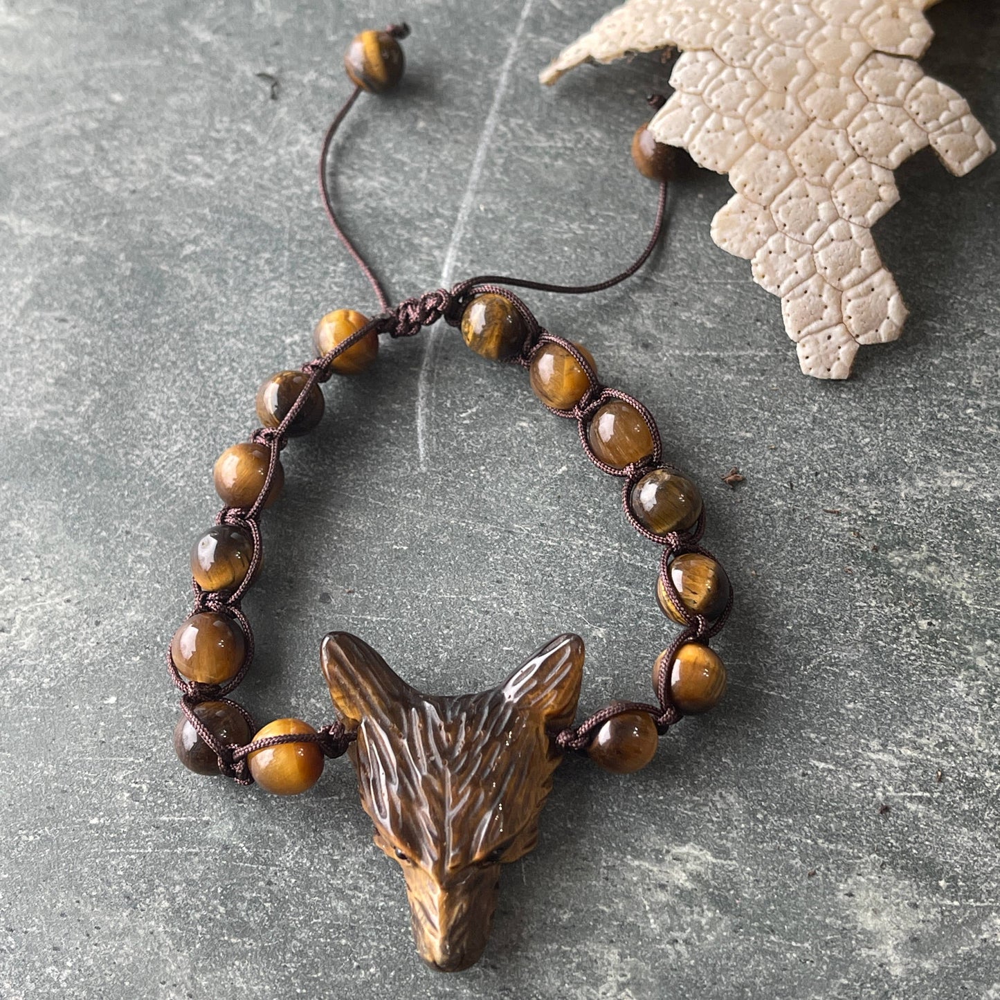 Tiger Eye Wolf Spirit Animal Woven Gemstone Bracelet