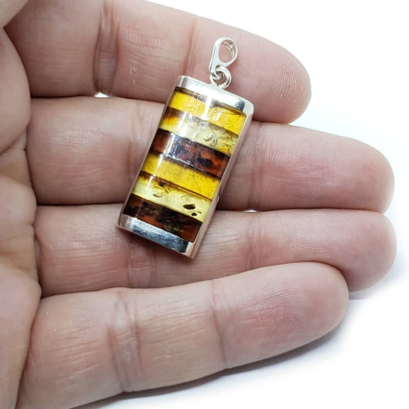 Mosaic Multi-Color Amber Rectangular Sterling Silver Pendant
