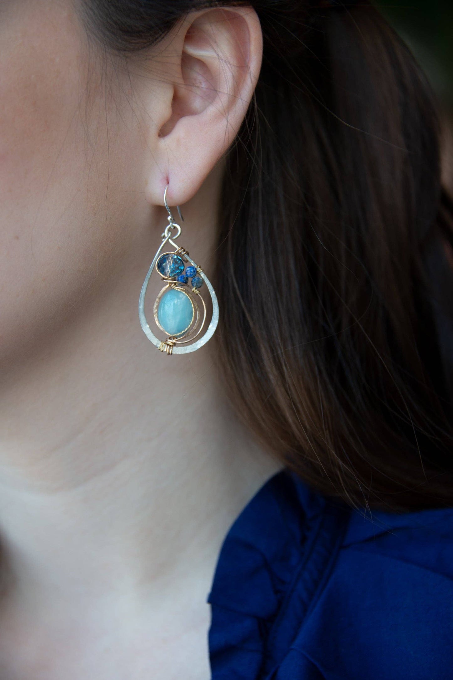 Amazonite Kyanite and Crystal Water Drop Earrings