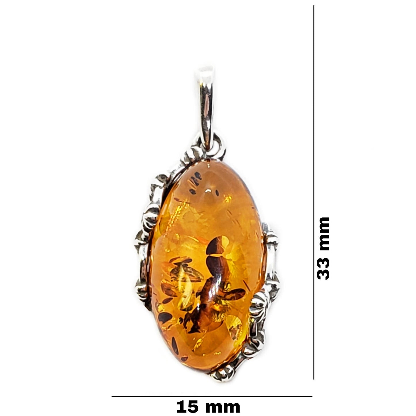 Cognac Amber Silver Pendant with Flower Design (Includes Chain)