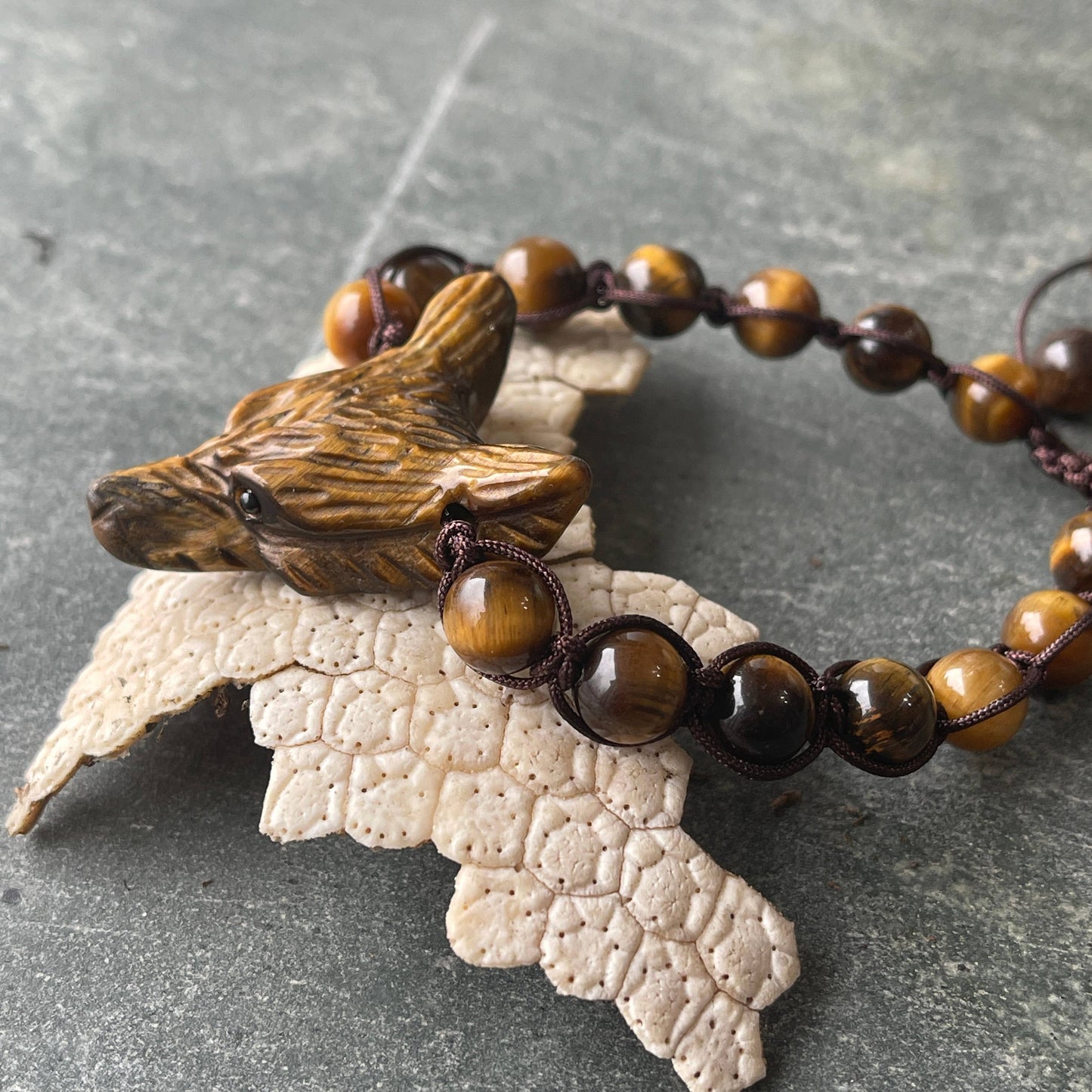 Tiger Eye Wolf Spirit Animal Woven Gemstone Bracelet