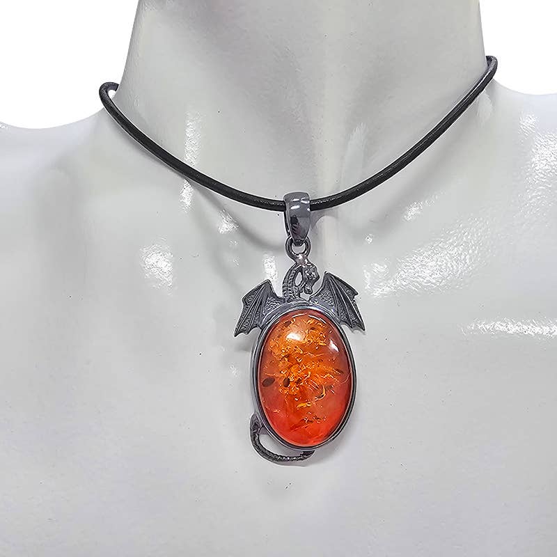 Cognac Amber in Oxidized Sterling Silver Dragon Pendant