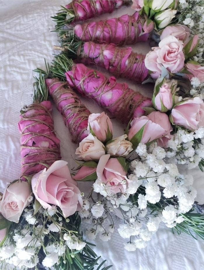Sage, Rose, Rosemary and Lavender Smudge Stick With Crystal