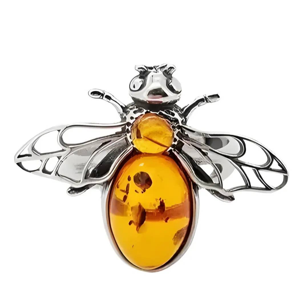 Cognac Amber Sterling Silver Bee Adjustable Ring