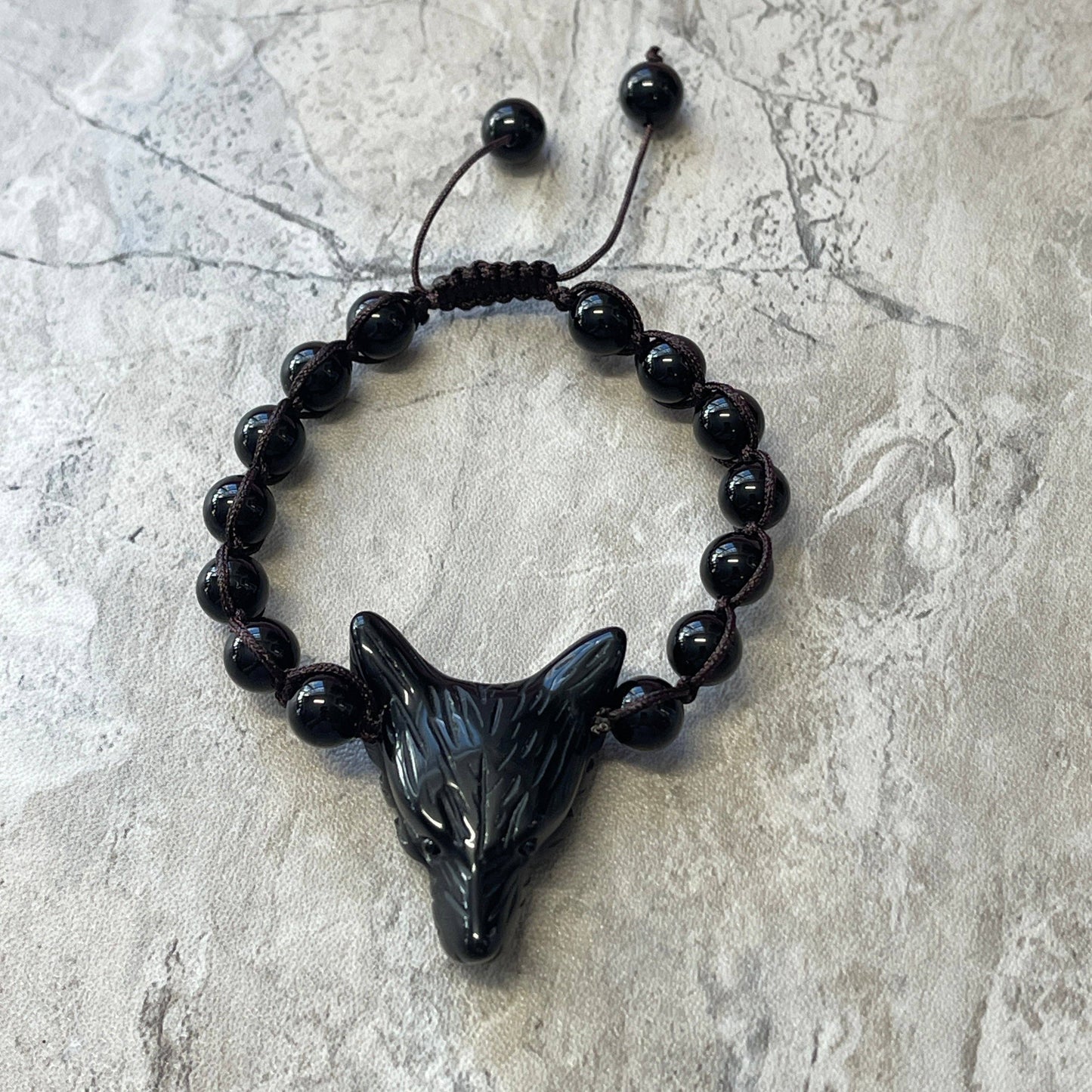 Black Onyx Wolf Spirit Animal Woven Gemstone Bracelet