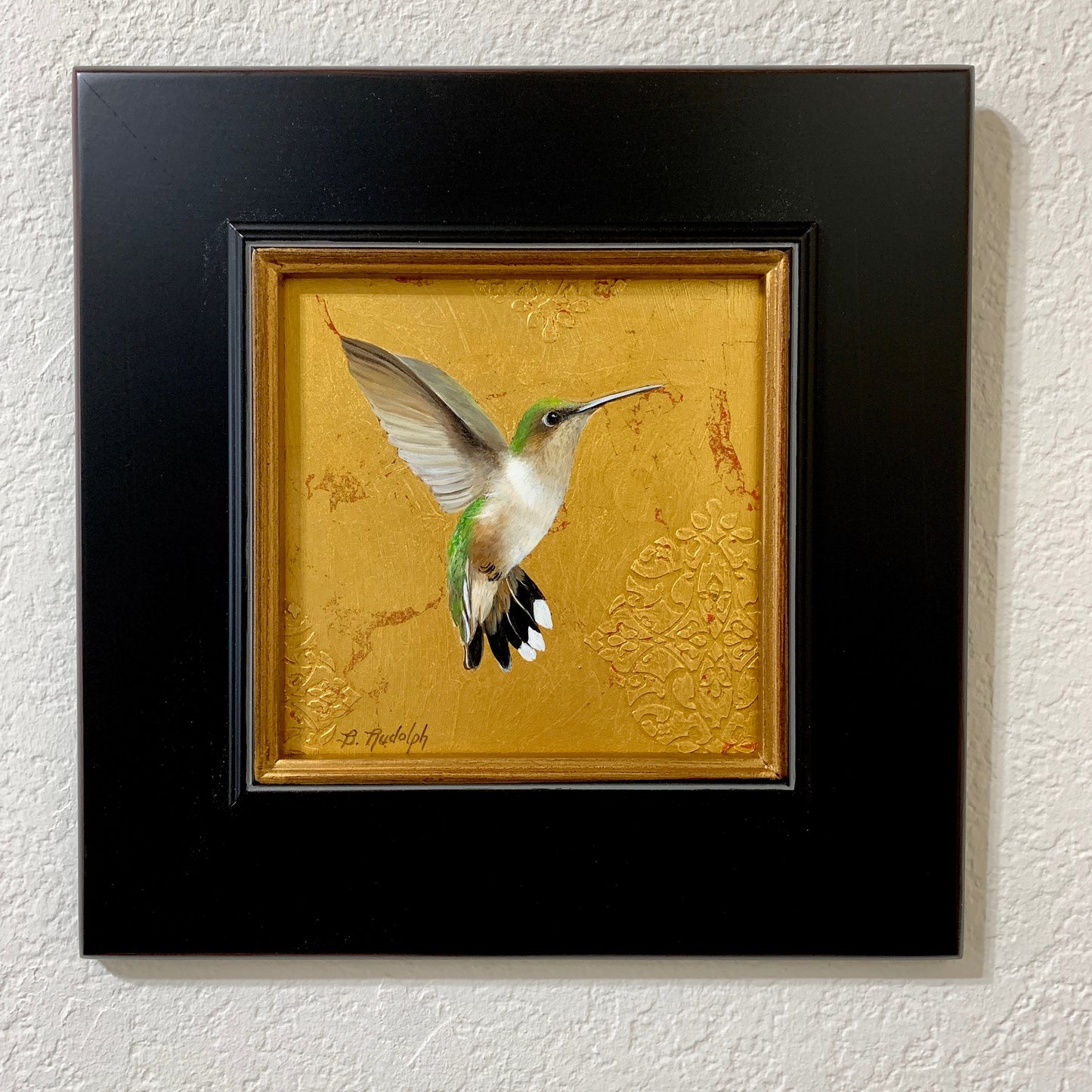 Square Hummingbird Painting On Gold Leaf by Barbara Rudolph