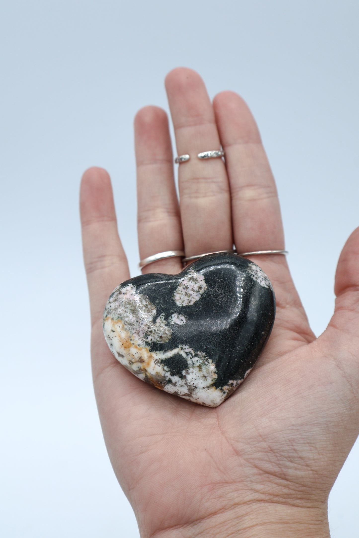 Polished Black Jade with Pink Thulite Crystal Heart