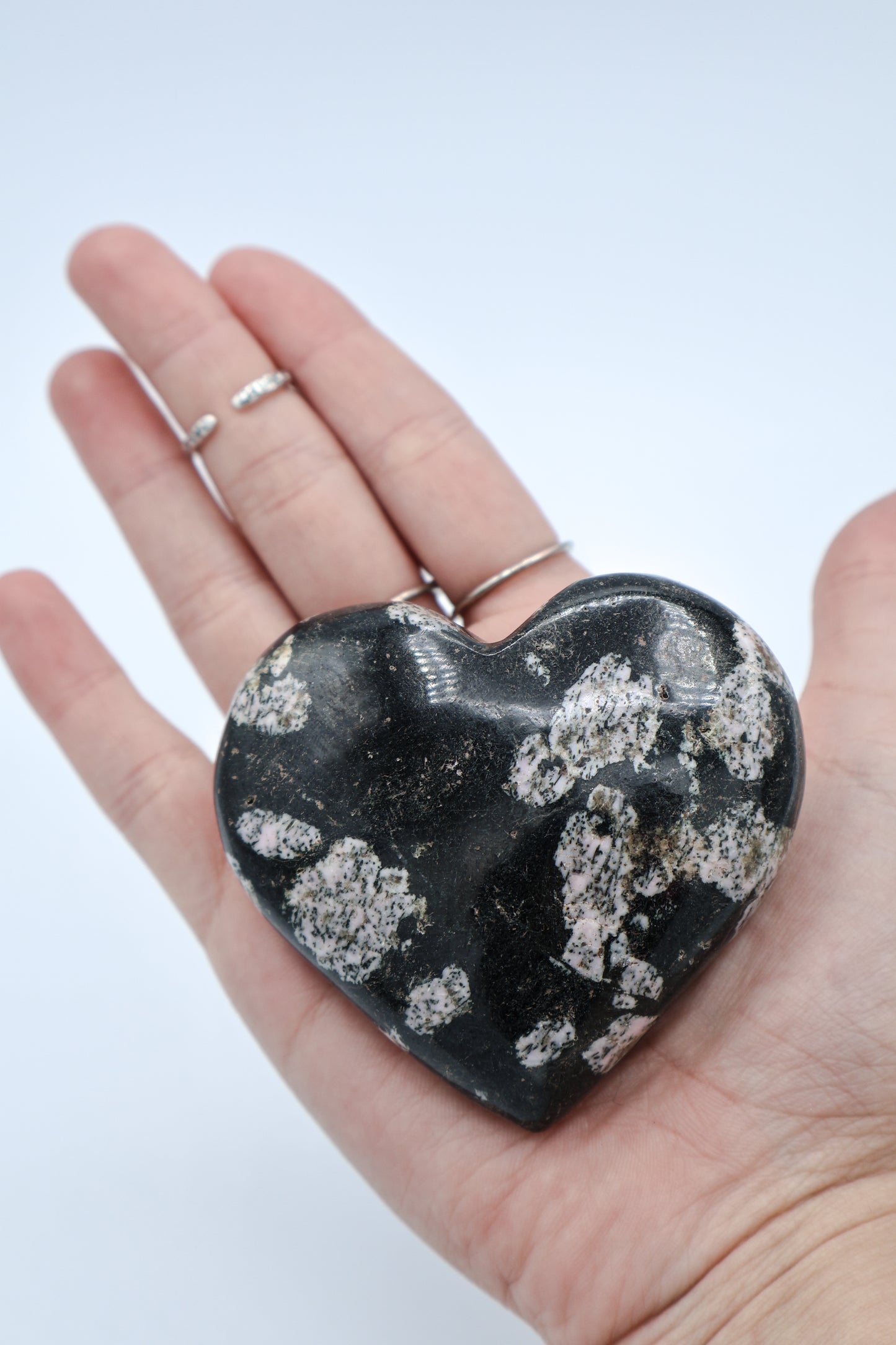 Polished Black Jade with Pink Thulite Crystal Heart