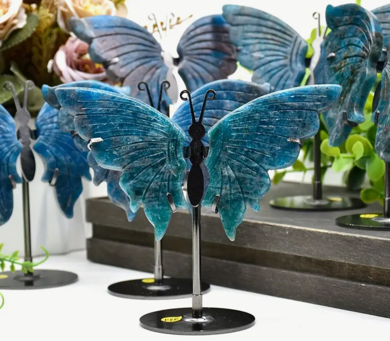 Hand Carved Blue Apatite Butterfly Wing with Display Stand