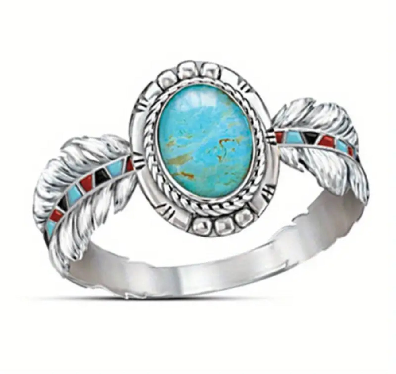 Inlaid Turquoise Eagle Feather Ring | SIZE 6