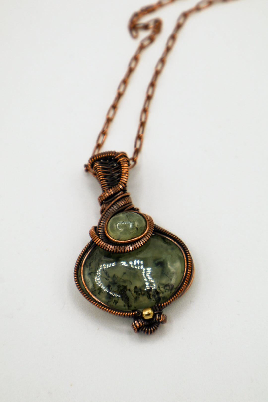 Moss Prehnite Handmade Copper Wrapped Pendant with Necklance