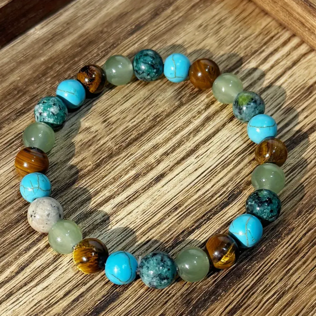 Anxiety Bracelet | African Celestite, Tiger Eye, Turquoise, Crocodile Kambaba