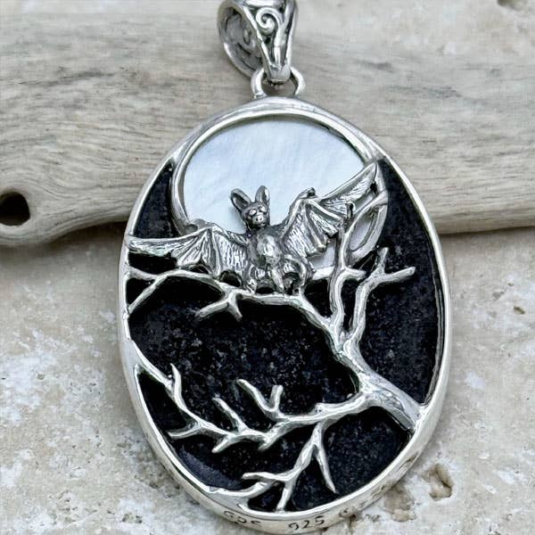 Bat in Shell Full Moon Pendant Sterling Silver