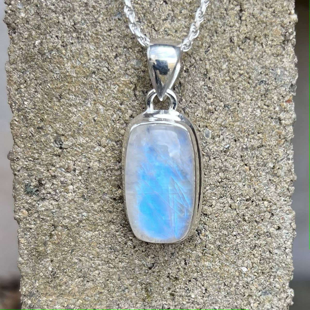 Blue Fire Moonstone Sterling Silver Pendant