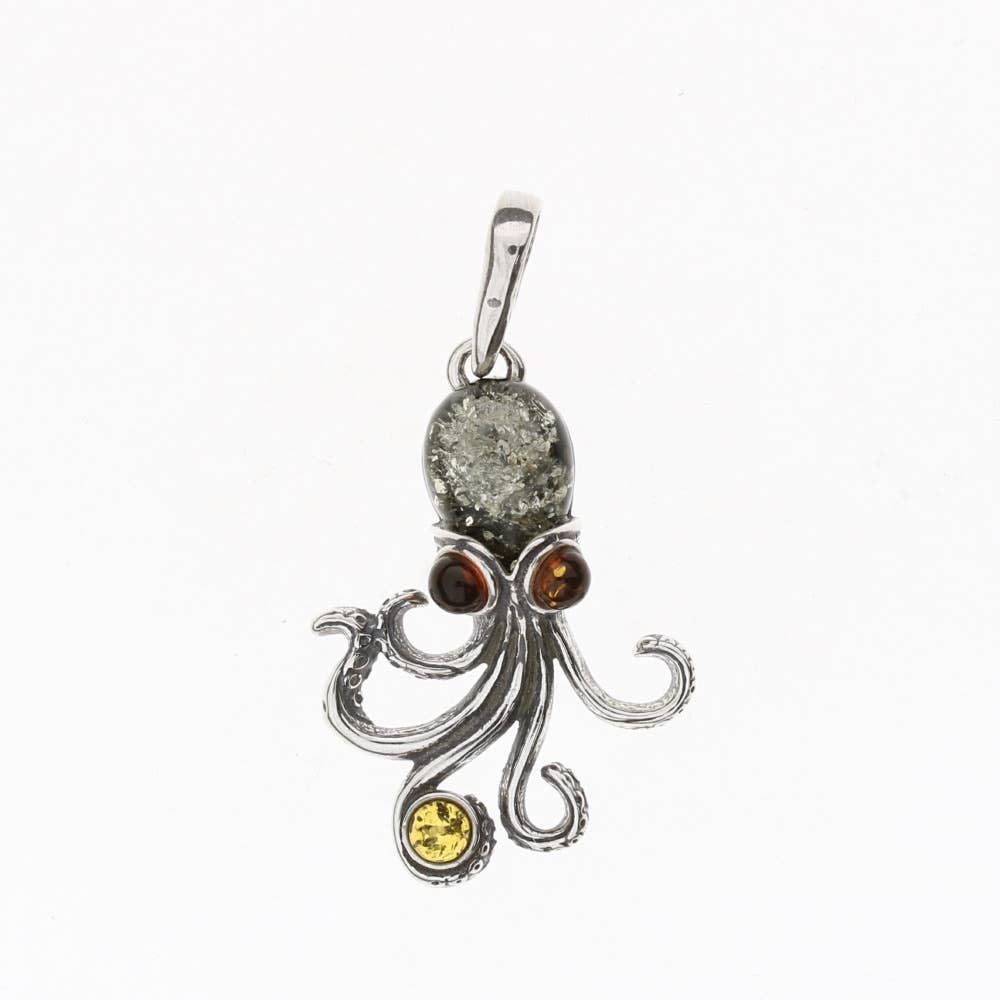 Multi-Color Amber Sterling Silver Octopus Pendant
