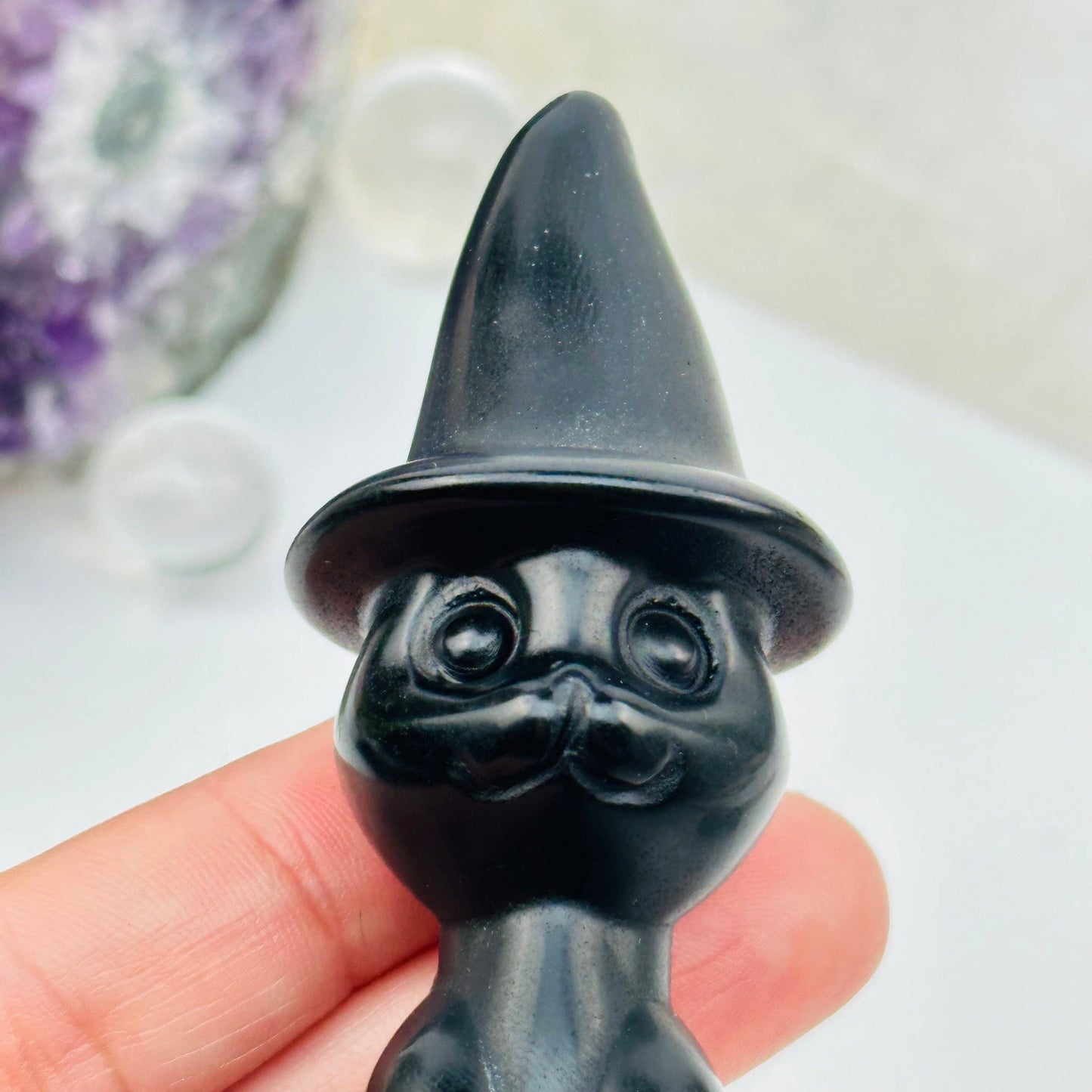 Black Onyx Crystal Cat with Hat - Halloween Decor