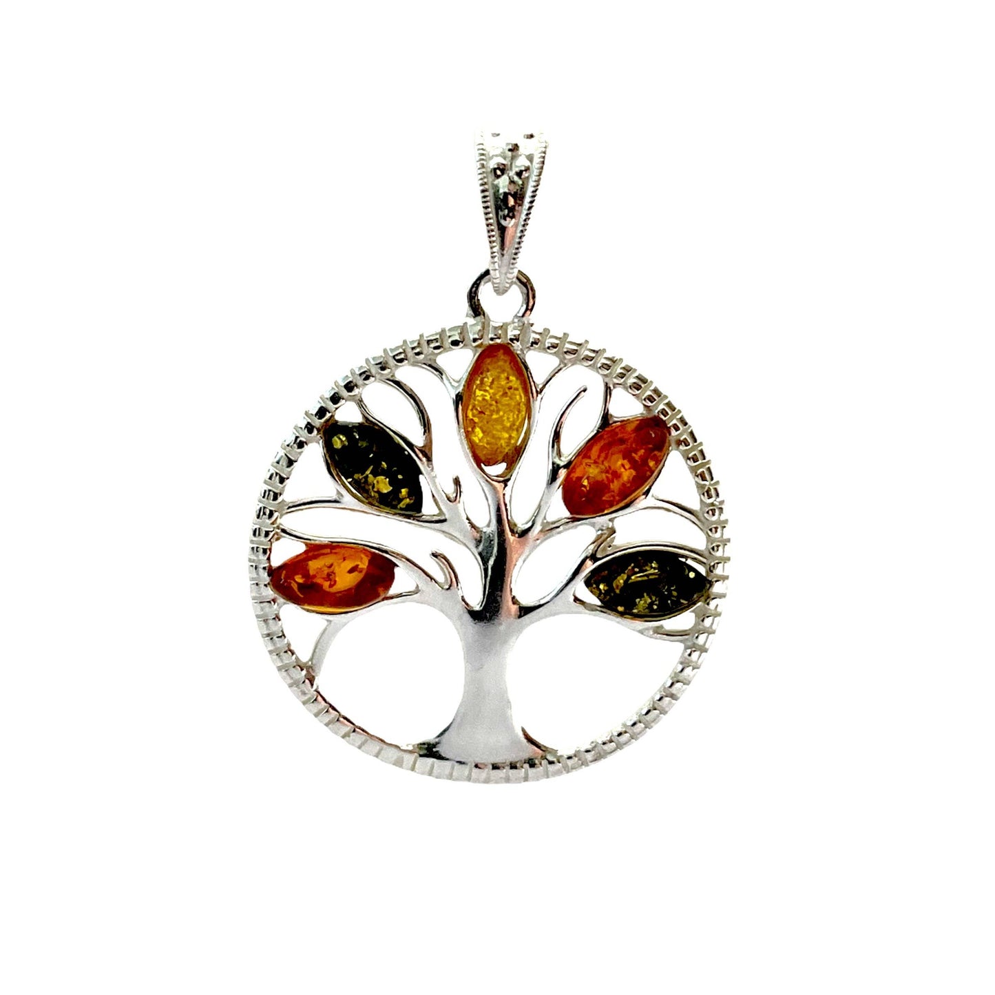 Multi-Color Amber Sterling Silver Tree Of Life Pendant with Marquis Stones