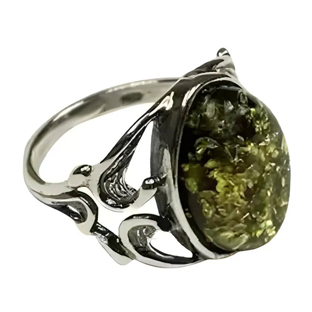 Green Amber Sterling Silver Ring (Size 5)