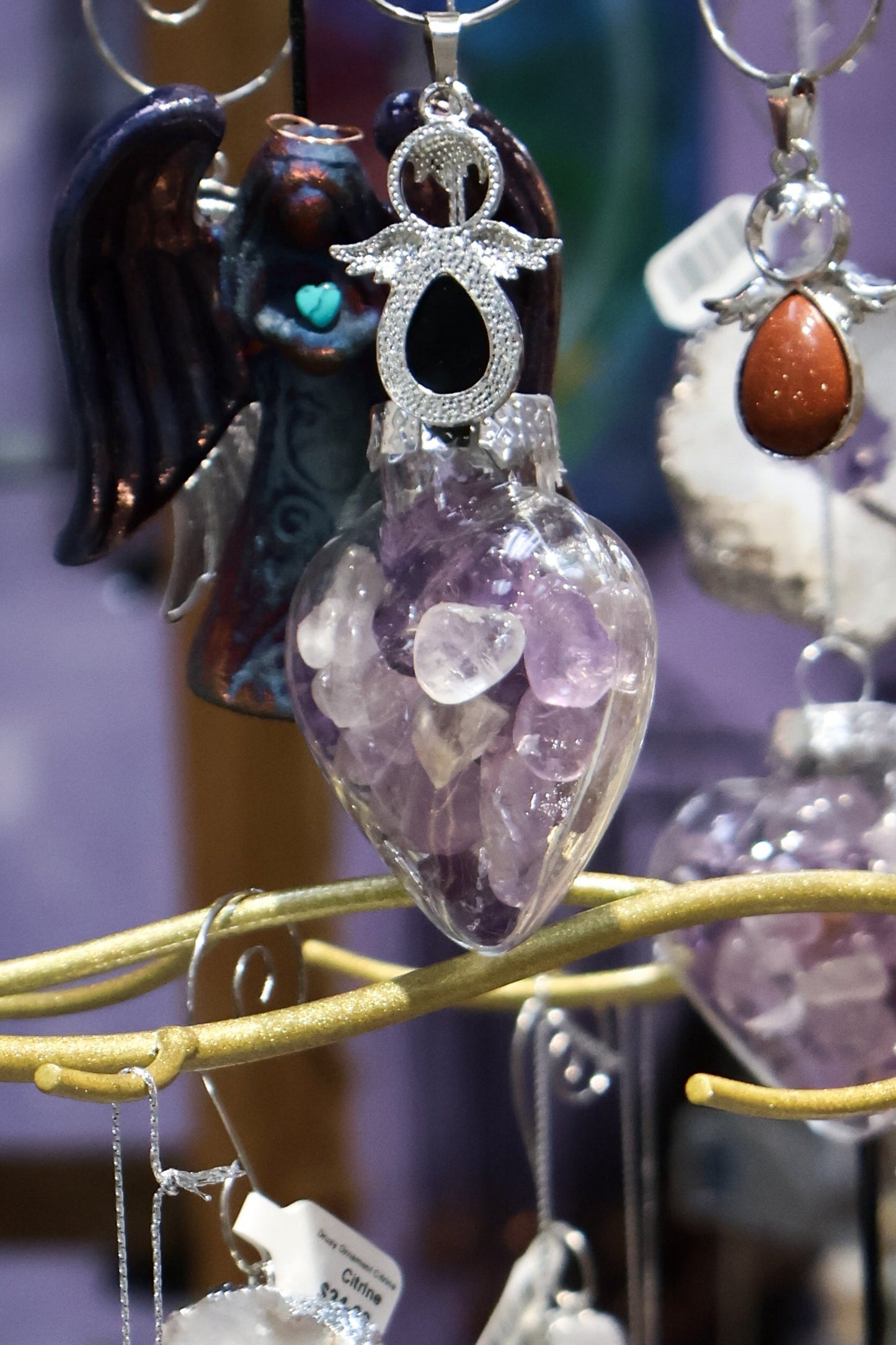 Gemstone Chip Filled Heart Ornament - Assorted Gemstones