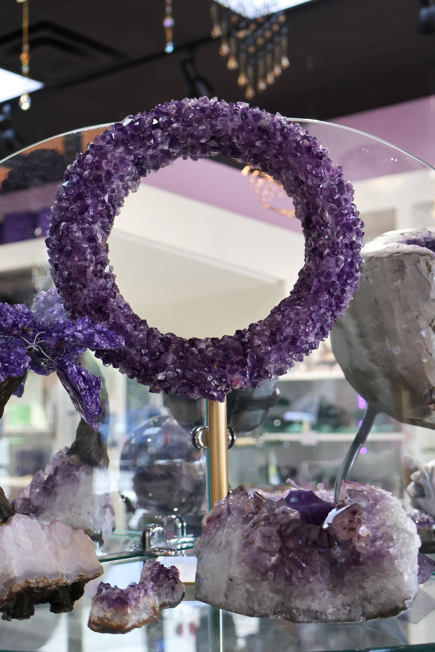 Amethyst Gemstone Mirror with Gold Stand