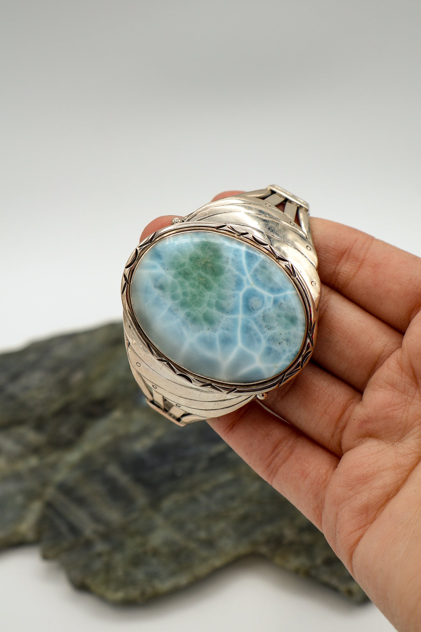 Larimar Bracelet with Sterling Silver Wire Cuff