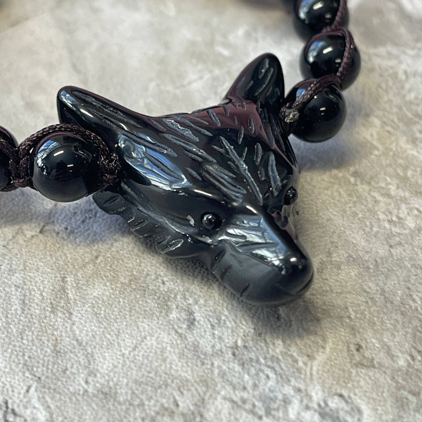 Black Onyx Wolf Spirit Animal Woven Gemstone Bracelet