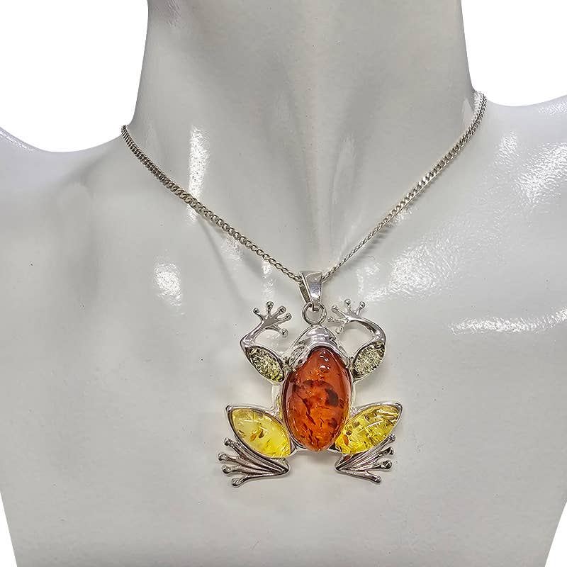 Multi-Color Amber Sterling Silver Frog Pendant