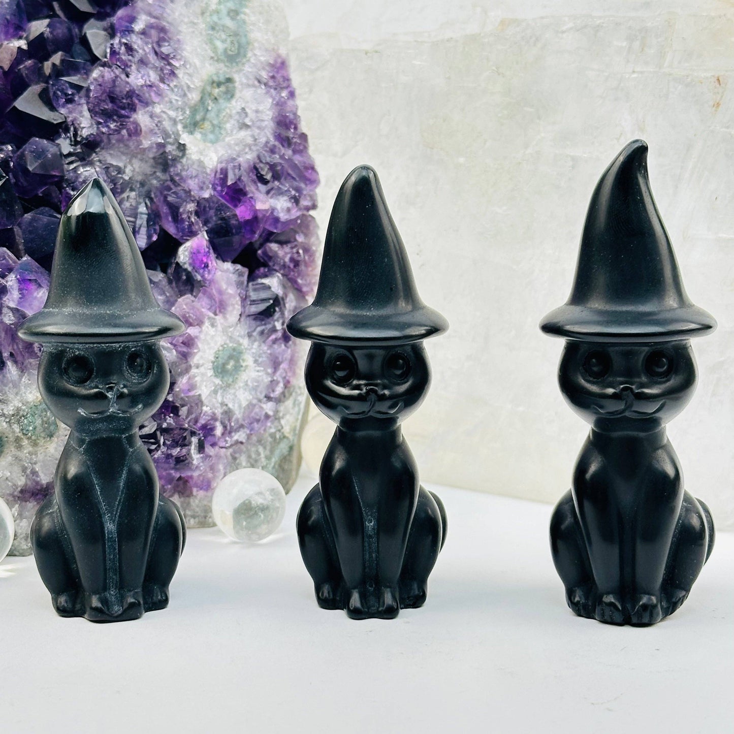 Black Onyx Crystal Cat with Hat - Halloween Decor