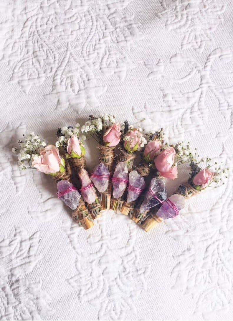 Amethyst, Lavender, Rose and Palo Santo Smudge Stick With Crystal
