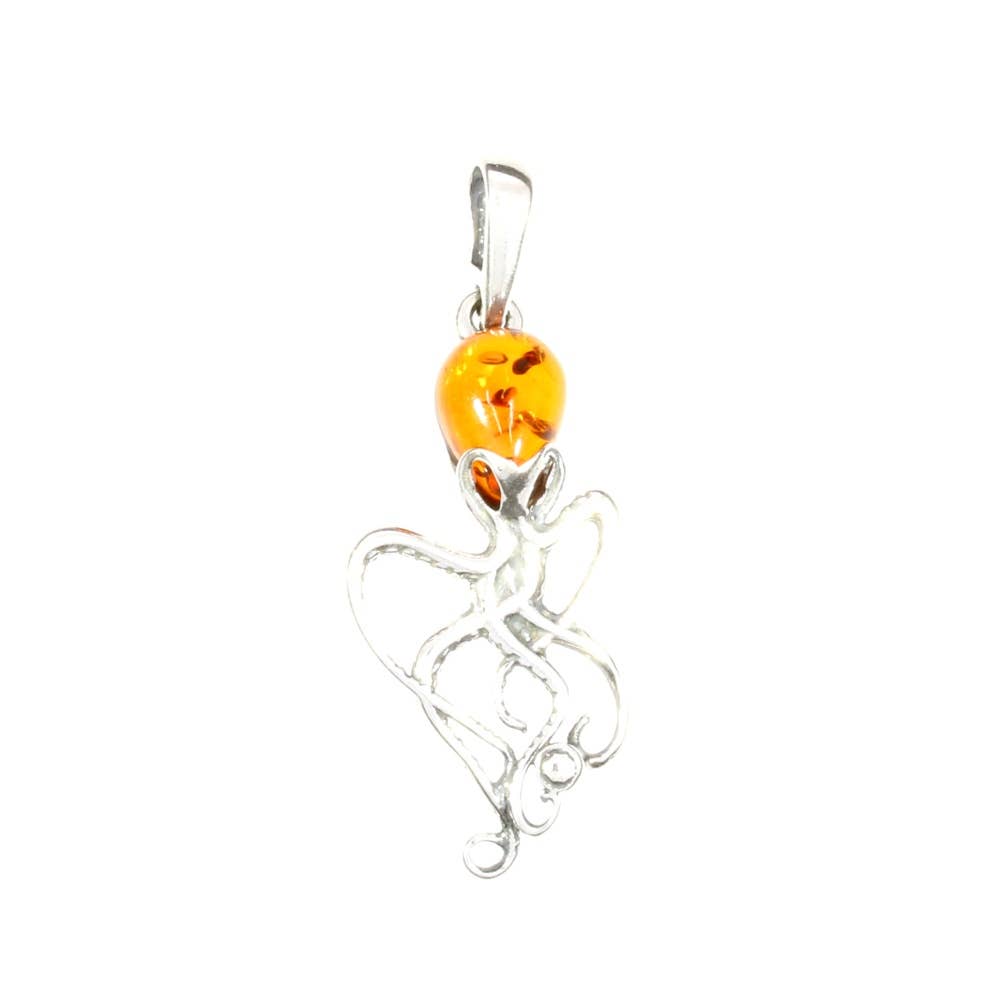 Cognac Amber Sterling Silver Small Octopus Pendant